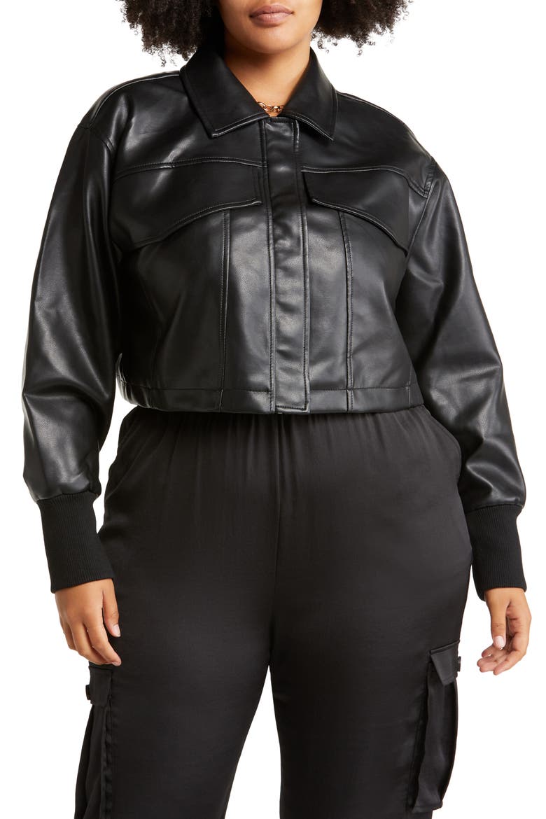 Crop Faux Leather Jacket, Alternate, color, BLACK