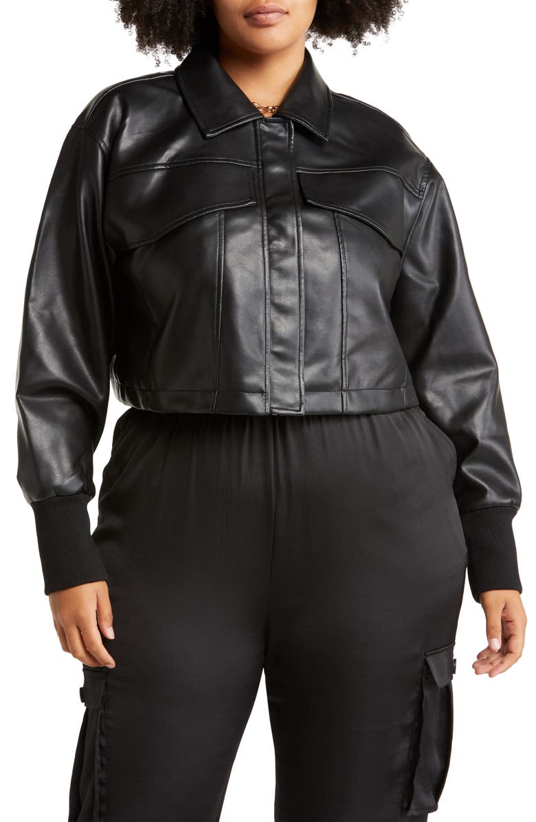 Open Edit Crop Faux Leather Jacket, Alternate, color, 