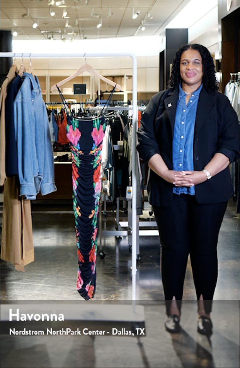 Hazel Print Ruched Mesh Midi Dress, sales video thumbnail