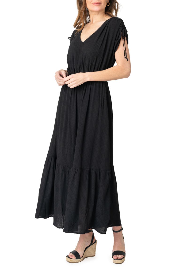 Cinch Sleeve V-Neck Maxi Dress, Main, color, BLACK