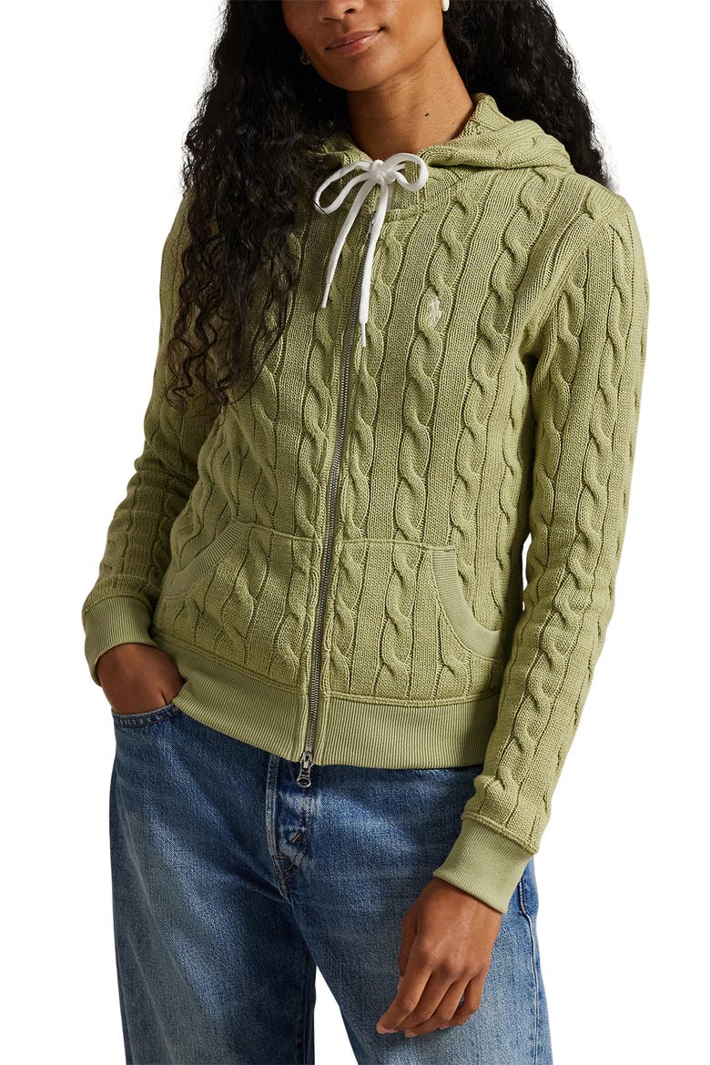 Cable Knit Cotton Zip Hoodie, Main, color, LIGHT OLIVE