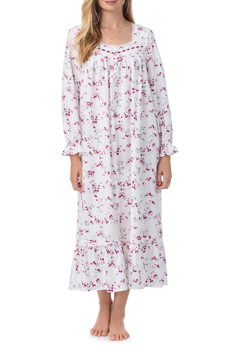 Long Sleeve Cotton Blend Flannel Ballet Nightgown, Main, color, WHITE/FLORA