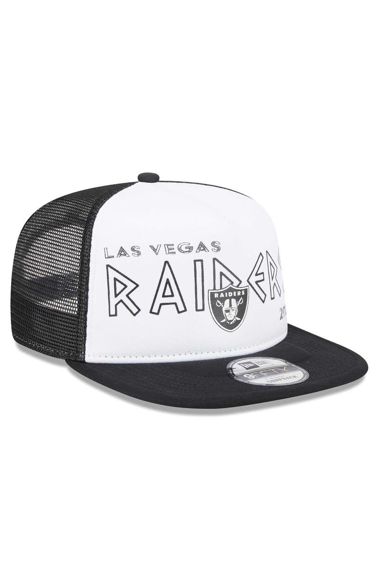 Men's New Era White/Black Las Vegas Raiders Banger 9FIFTY Trucker Snapback Hat, Alternate, color, White