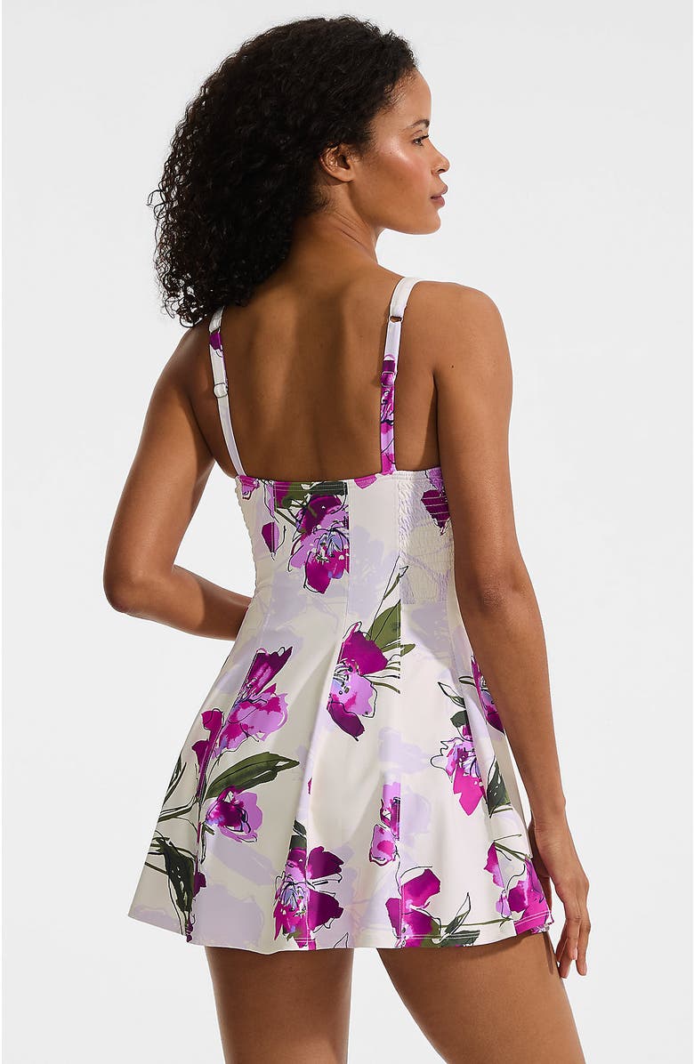 Lands' End Square Neck Corset Seamed Swim Dress, Alternate, color, Egret/Berry Etched Floral