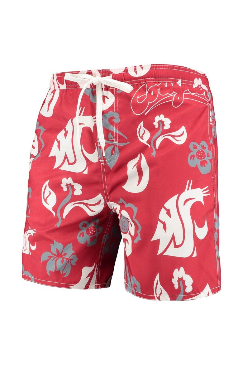 Men's Wes & Willy Crimson Washington State Cougars Floral Volley Logo Swim Trunks, Alternate, color, Crimson
