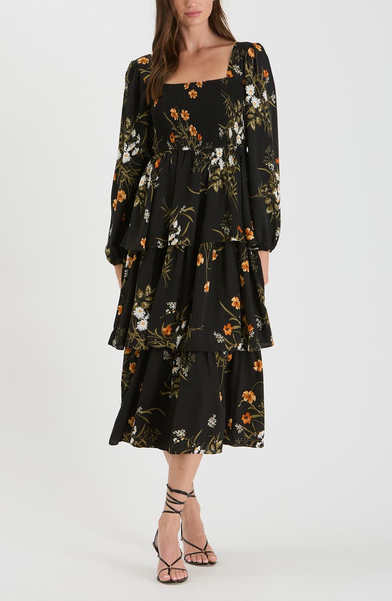 AUGUST SKY Floral Long Sleeve Tiered Midi Dress, Alternate, color, 
