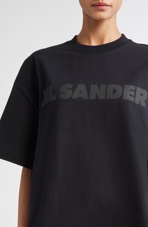 Jil Sander Round Neck Black Cotton T-shirt With Tonal Logo Print In Black