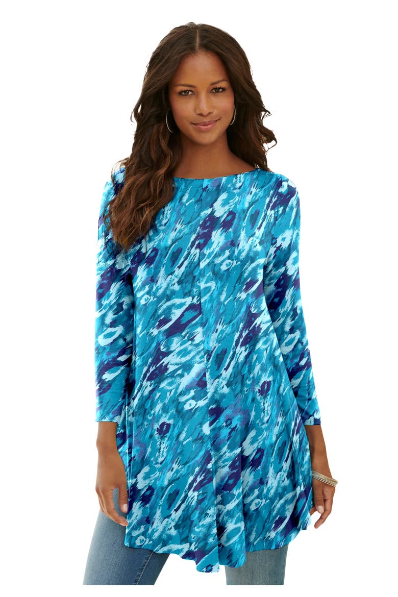 Plus Size Boatneck Swing Ultra Drape Tunic Top, Main, color, TURQUIOSE ANIMAL MARBLE