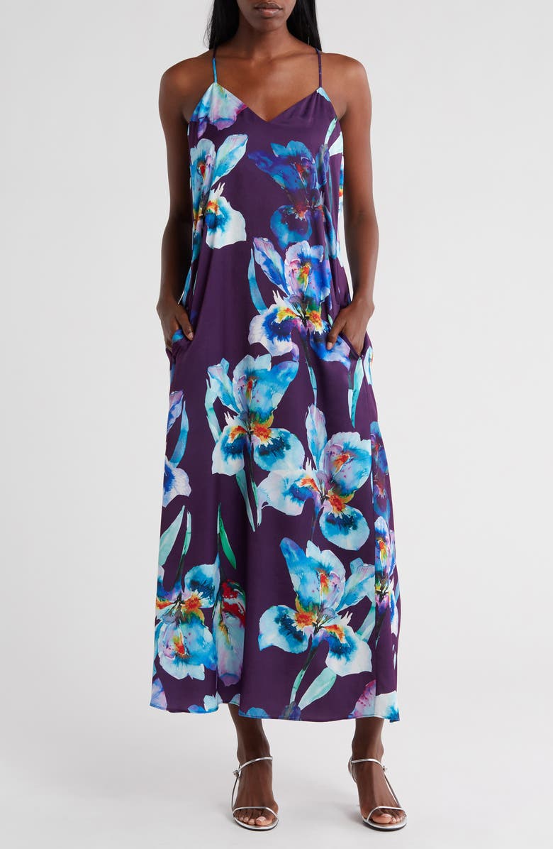Connected Apparel Floral Print Satin Slipdress, Alternate, color, Plum
