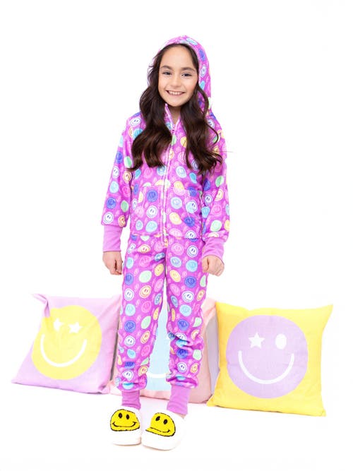 Preppy Goose Plush Smiley Faces Loungewear Jumpsuit In Purple