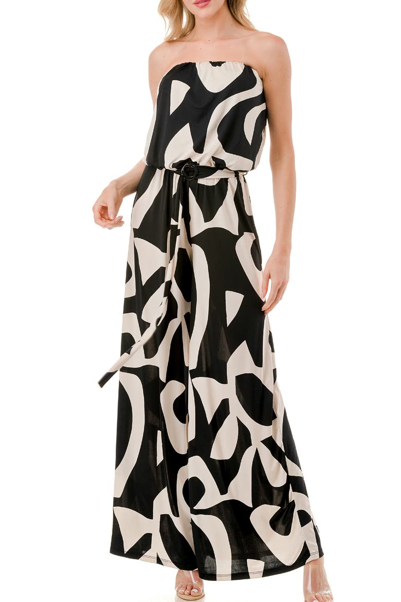 Printed Wide Leg Strapless Jumpsuit, Main, color, BLACK/ WHITE