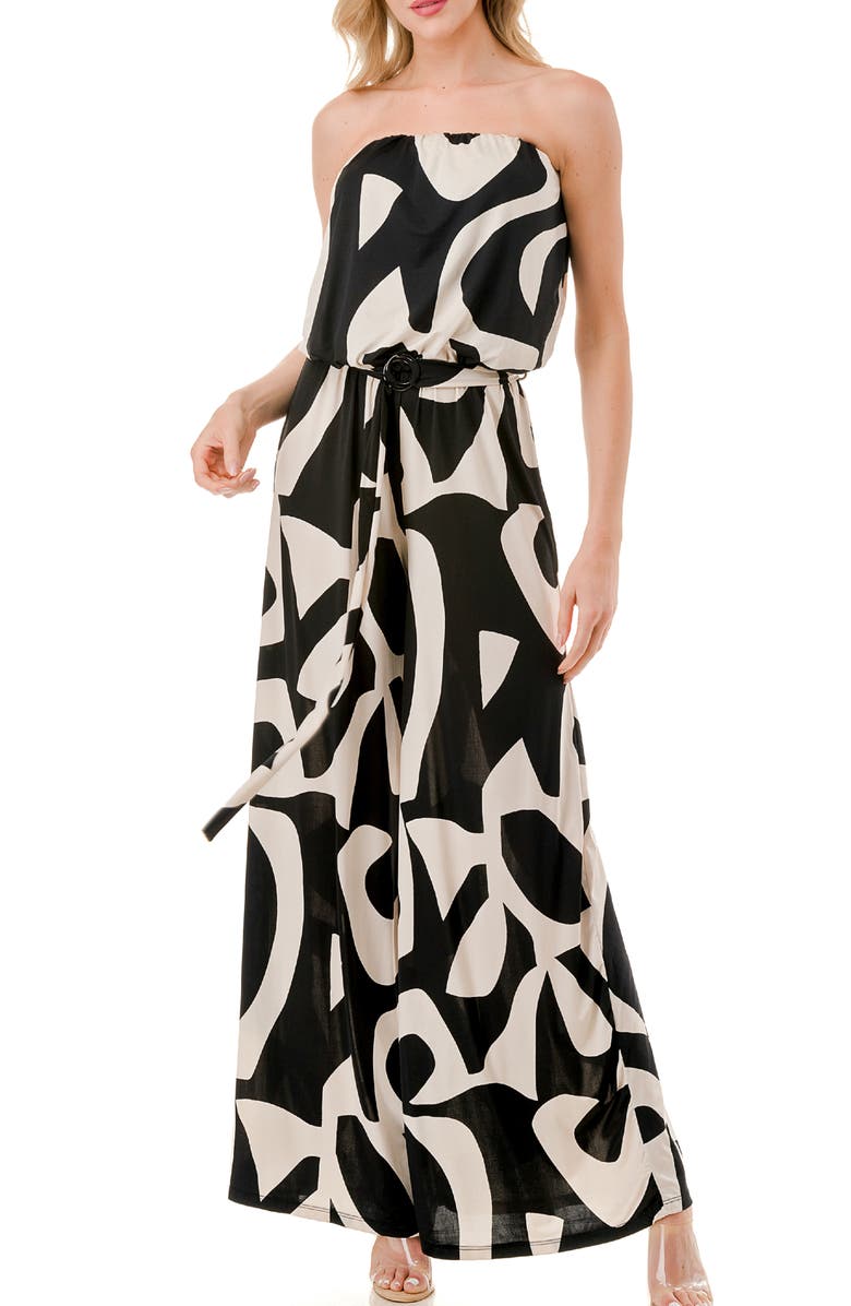 O.L. Printed Wide Leg Strapless Jumpsuit, Main, color, Black/ White