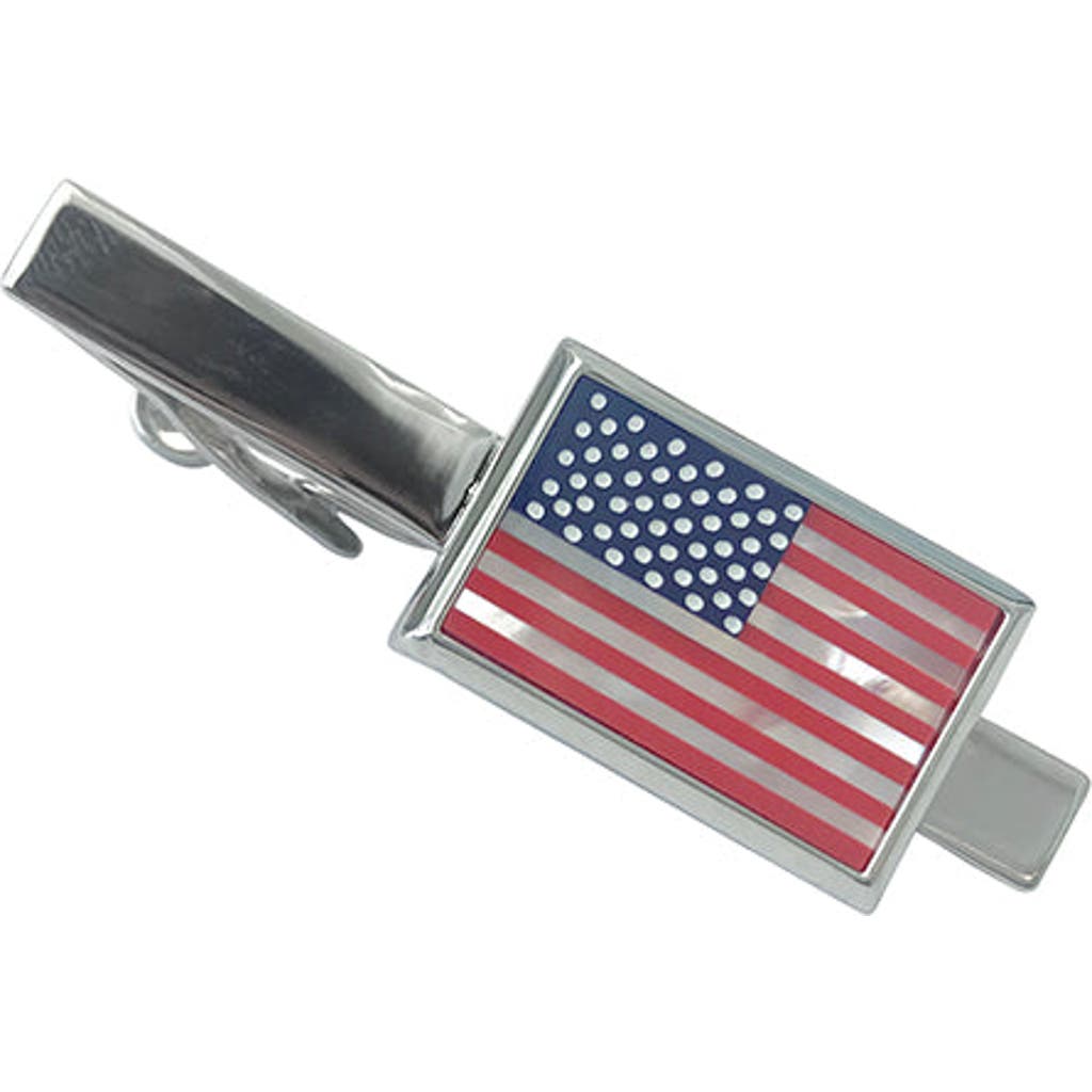 Link Up American Flag Mother Of Pearl Rhodium Plated Short Tie Bar In Metallic