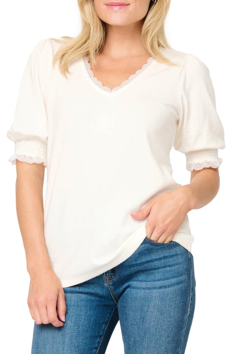 GIBSONLOOK Lace Detail V-Neck Knit Top, Main, color, White