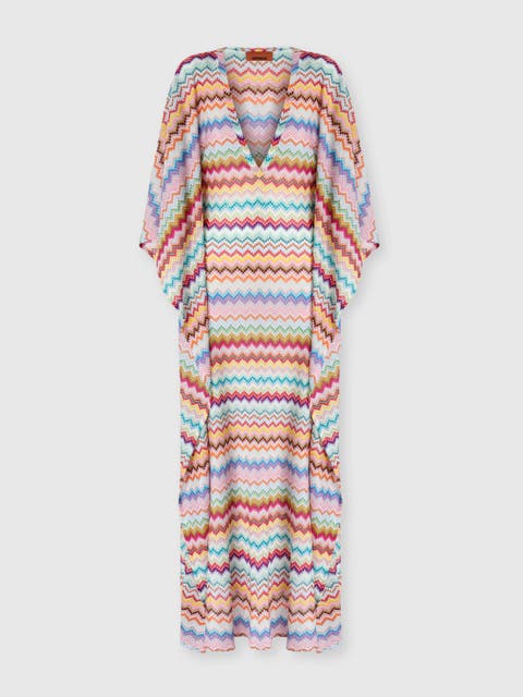 Long Caftan Cover-up With Micro Pixel-effect Zigzag Pattern