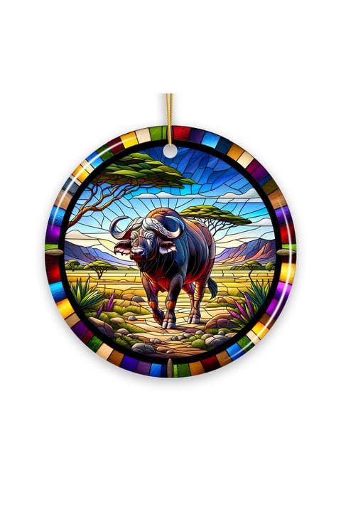 African Buffalo Savanna Stained Glass Style Ornament