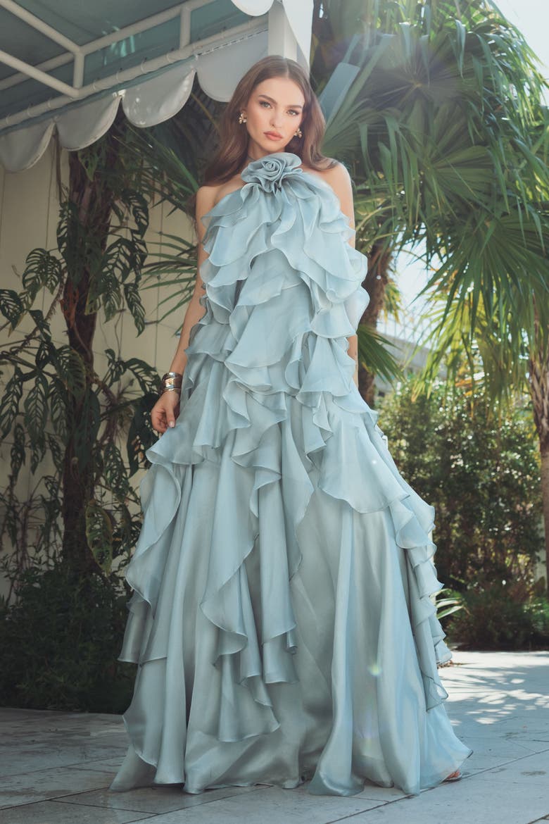 Organza Halter Neck Open Back Ruffle Gown, Alternate, color, Mint