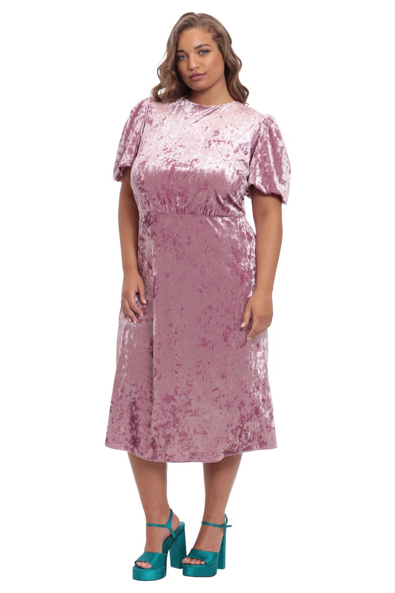 Puff Sleeve Velvet Midi Dress, Alternate, color, GRAPE NECTAR