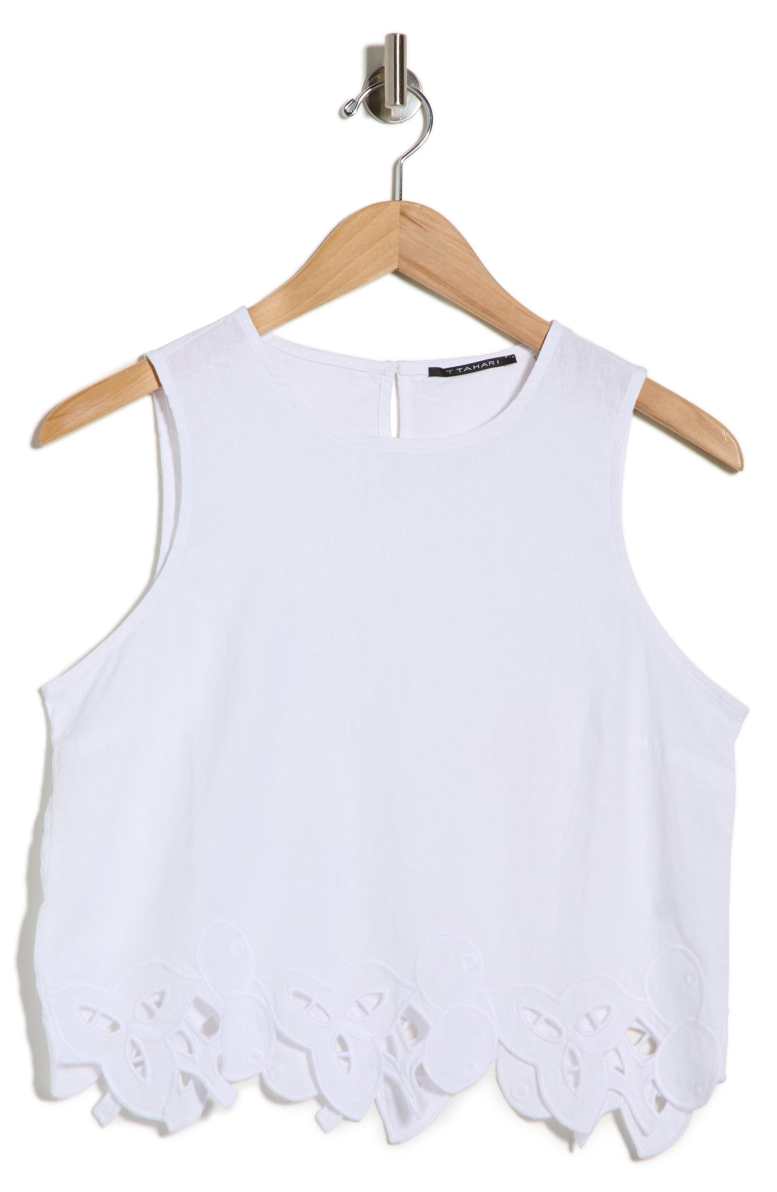 T Tahari Embroidered Hem Crop Linen Blend Tank