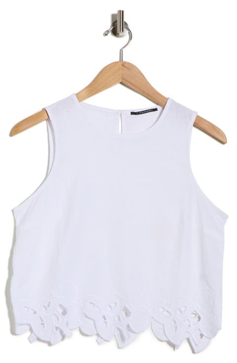 Embroidered Hem Crop Linen Blend Tank