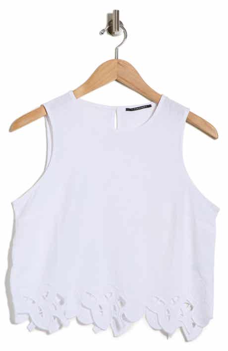 T Tahari Embroidered Hem Crop Linen Blend Tank
