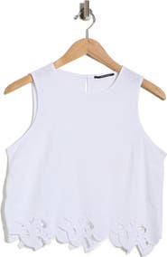 T Tahari Embroidered Hem Crop Linen Blend Tank