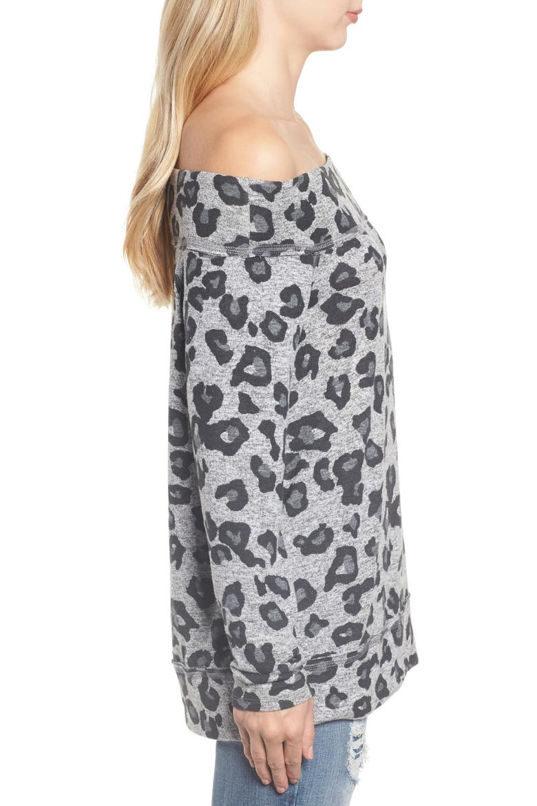 x Living in Yellow Mary Fleece Off the Shoulder Top (Nordstrom Exclusive), Alternate, color, GREY LEOPARD