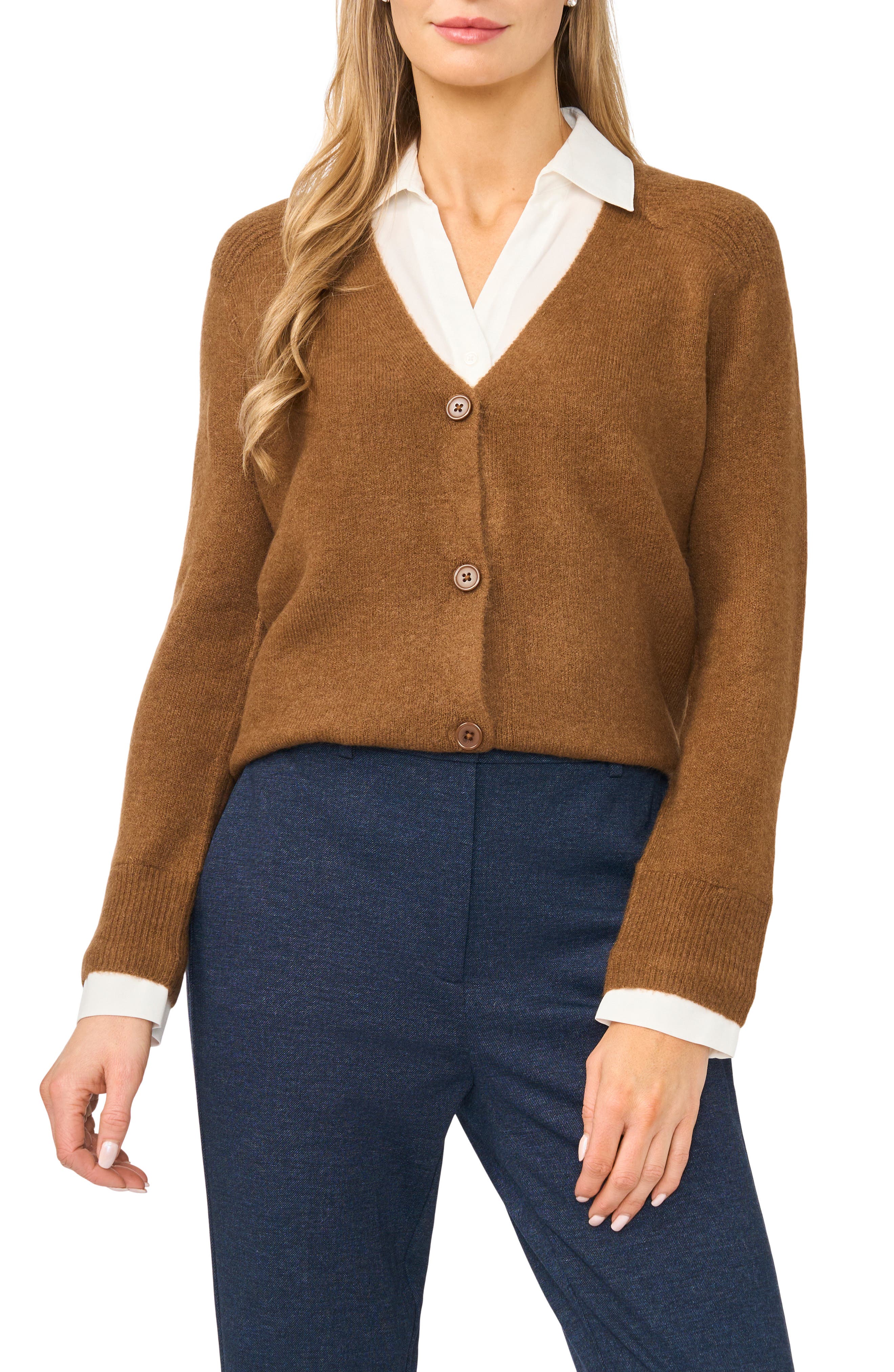 Halogenr Halogen(r) Mixed Media Twofer V-neck Cardigan In Rich Cognac