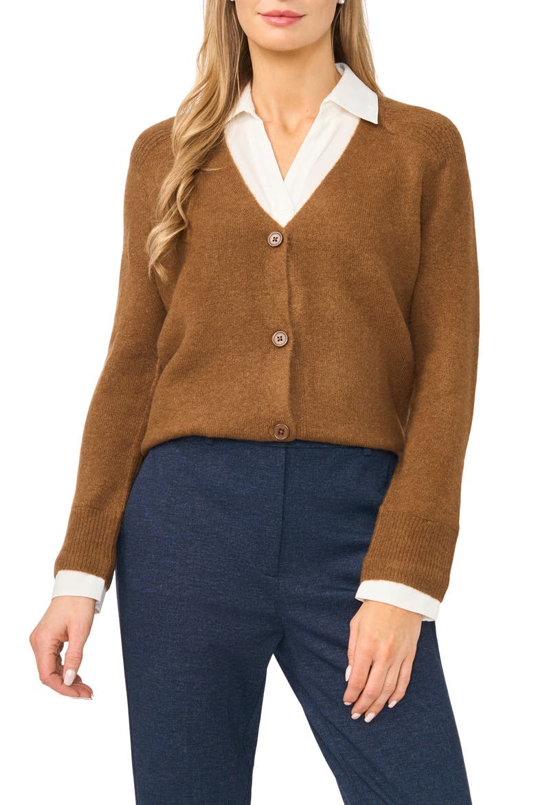 Mixed Media Twofer V-Neck Cardigan, Main, color, RICH COGNAC