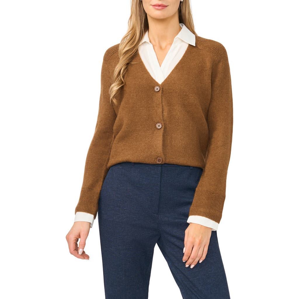 Halogenr Halogen(r) Mixed Media Twofer V-neck Cardigan In Rich Cognac