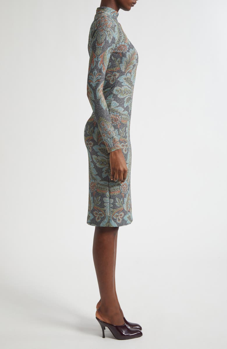 Etro Paisley Metallic Long Sleeve Body-Con Dress, Alternate, color, Printed Black Base