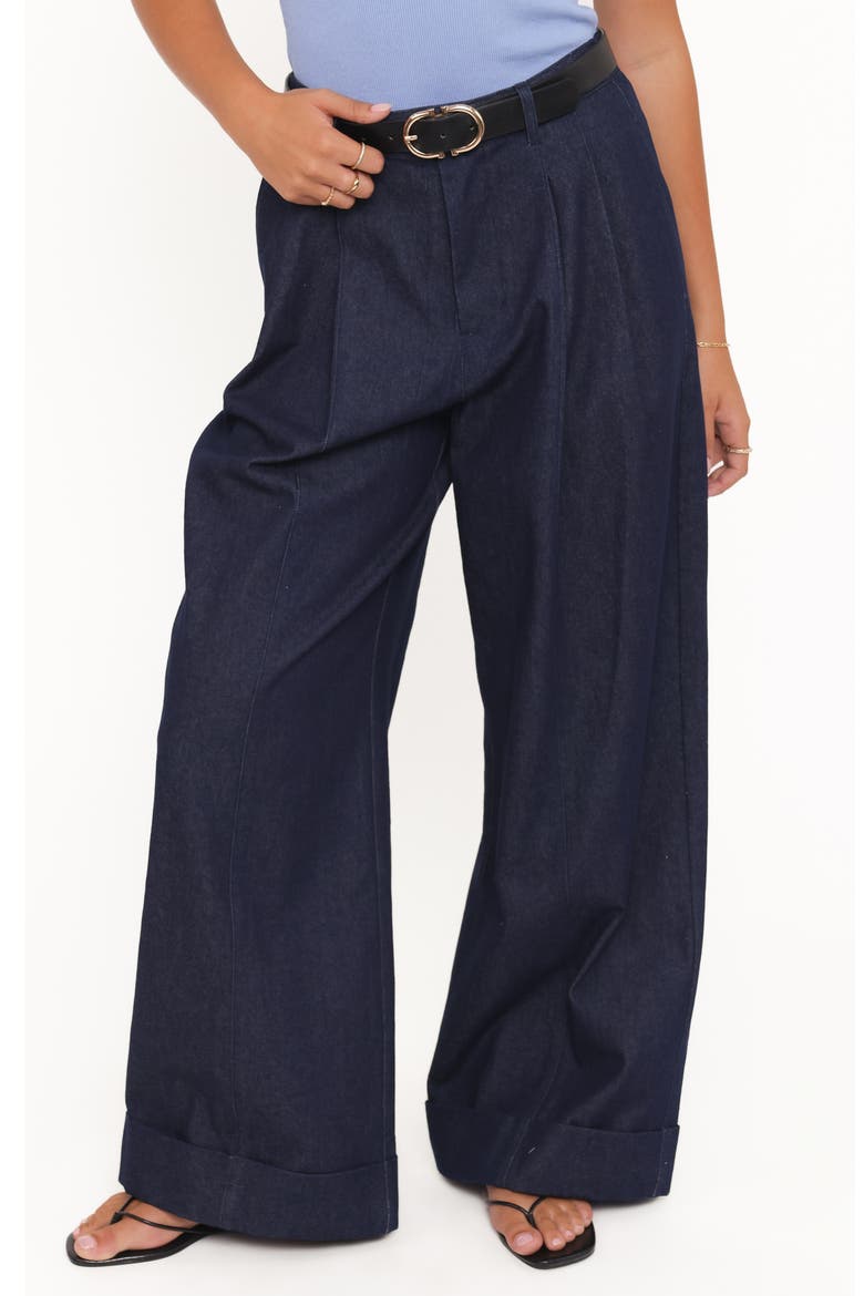 Elinor Cuffed Pleated Wide Leg Denim Pants, Main, color, DARK WASH