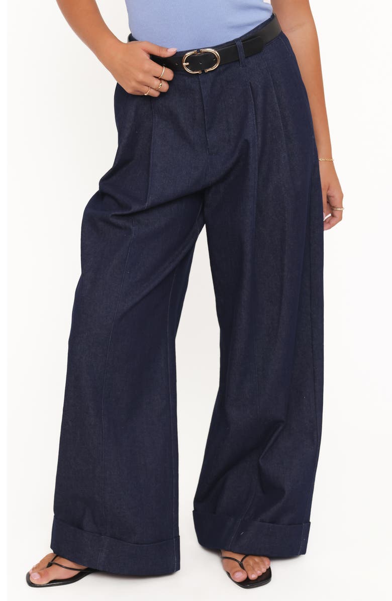 Petal & Pup Elinor Cuffed Pleated Wide Leg Denim Pants, Main, color, Dark Wash