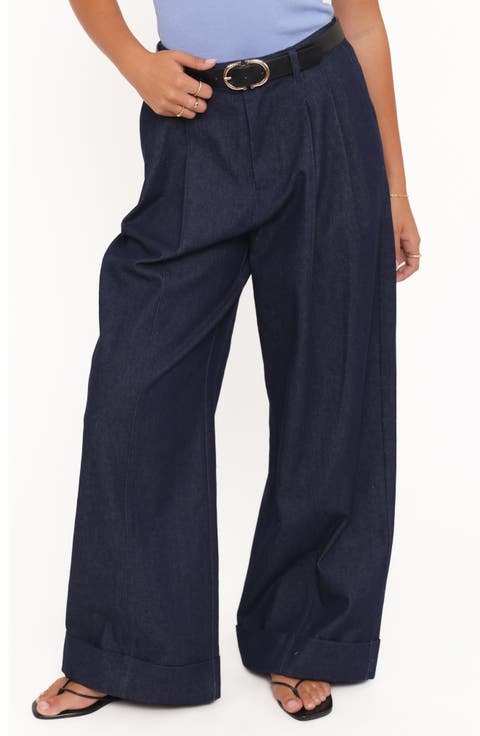 Elinor Cuffed Pleated Wide Leg Denim Pants