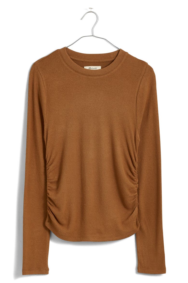 Brushed Jersey Ruched Long Sleeve T-Shirt, Main, color, PECAN SHELL