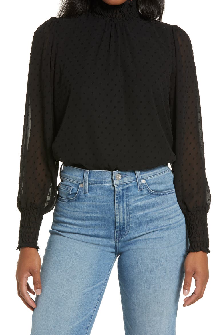 Long Sleeve Swiss Dot Blouse, Main, color, BLACK