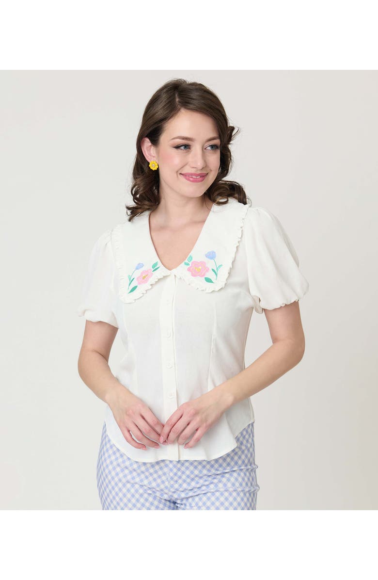 Unique Vintage Short Sleeve Oversized Collar Blouse, Alternate, color, White W/Floral Embroidery