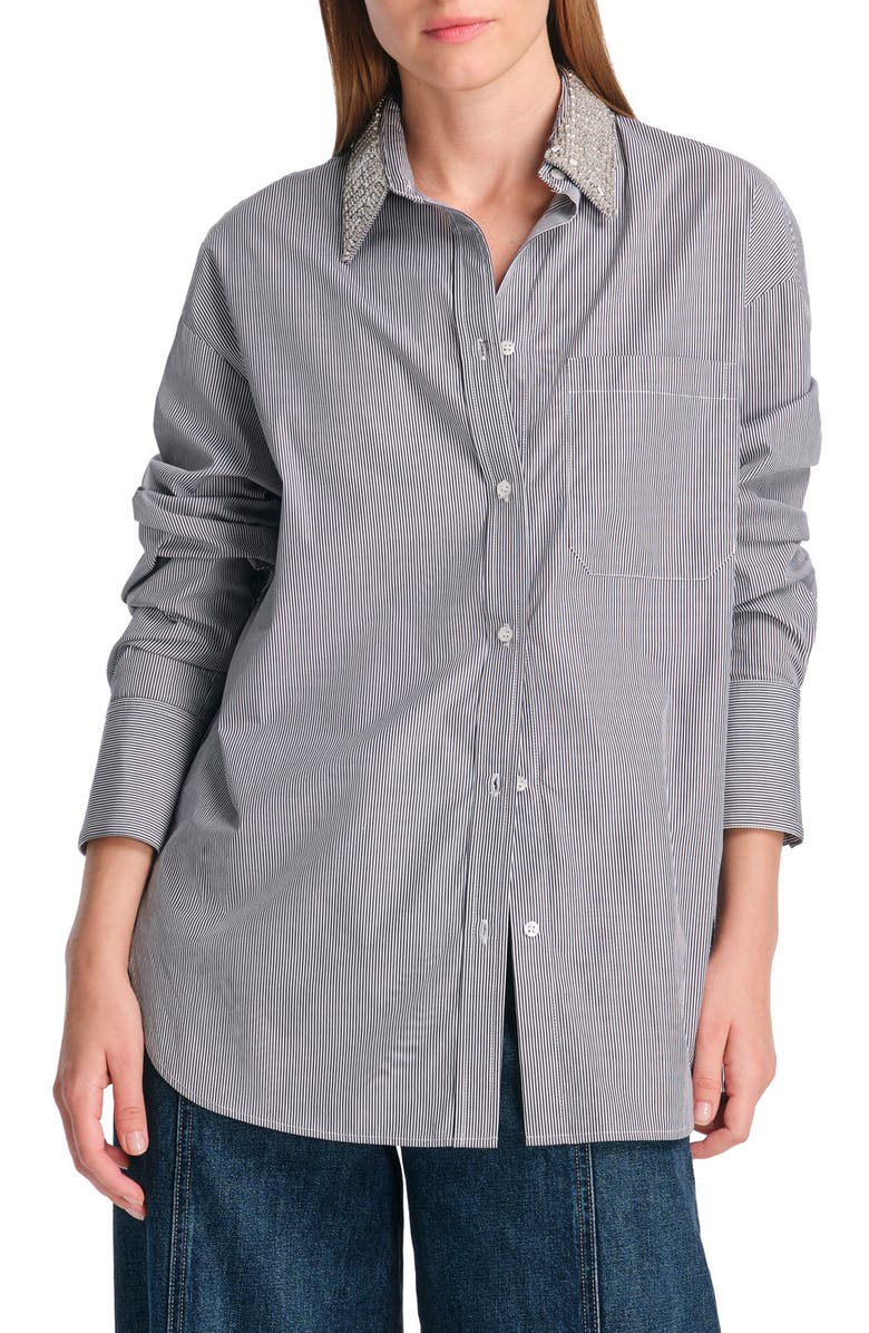 TWP Big Joe Stripe Crystal Embellished Cotton Button-Up Shirt, Main, color, Midnight/ White