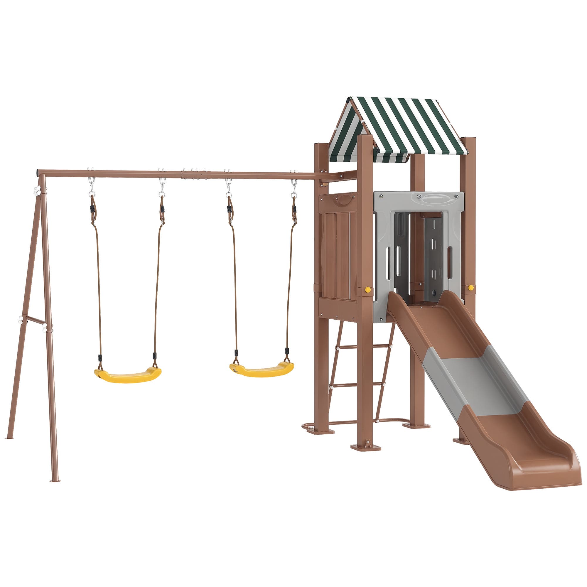 Qaba Kids Swing Set with 6 FT Slide, 2 Adjustable Swings, Fort with Canopy, Backyard Use in Brown 