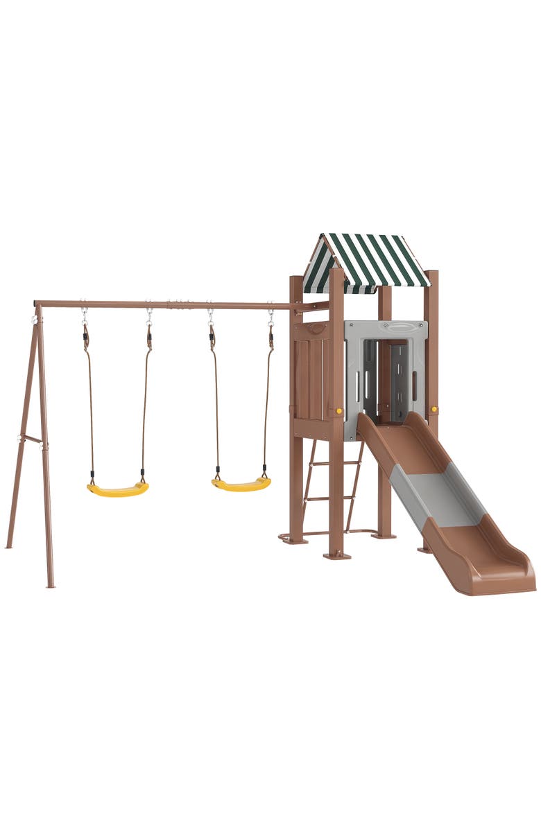 Qaba Kids Swing Set with 6 FT Slide, 2 Adjustable Swings, Fort with Canopy, Backyard Use, Main, color, 