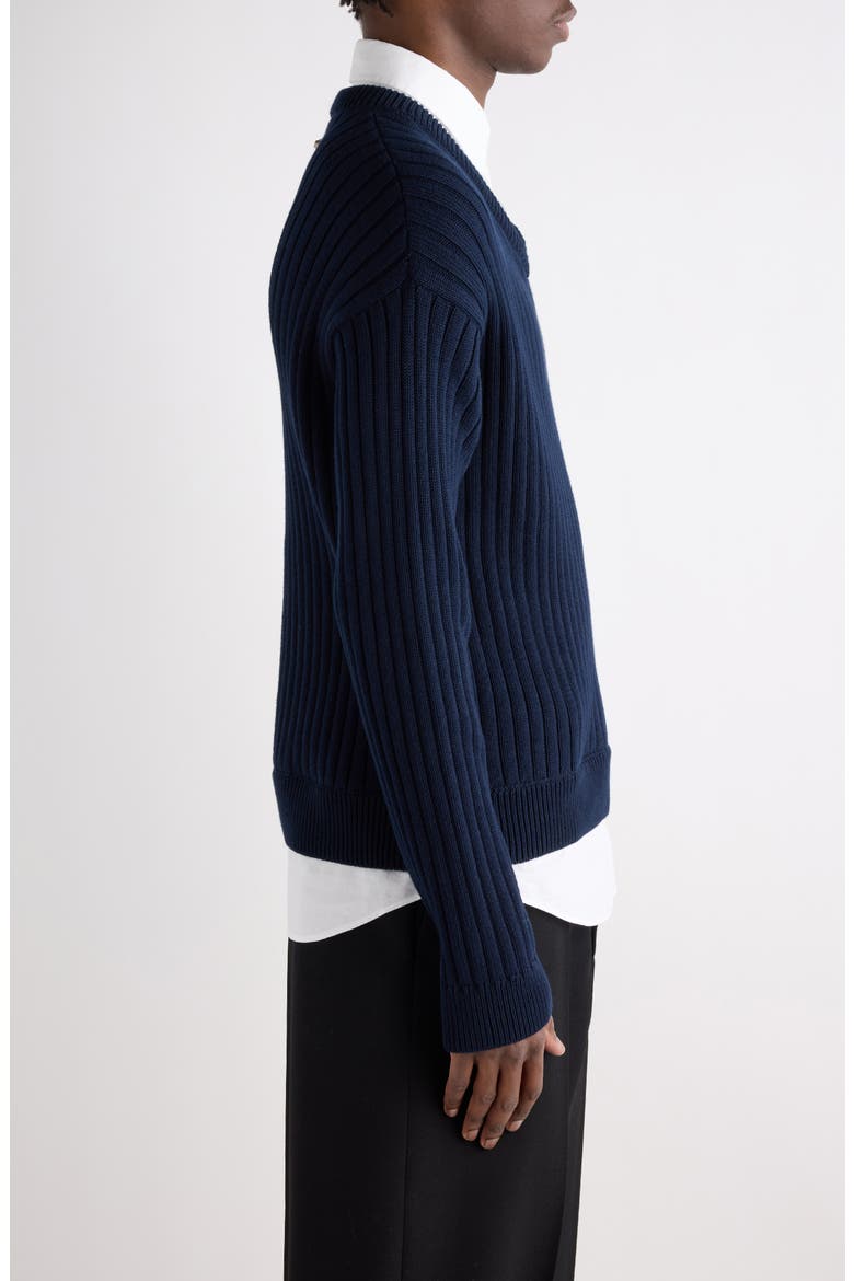 Mixed Media Prelayered Cotton Rib Sweater, Alternate, color, 4170 NAVY/ WHITE