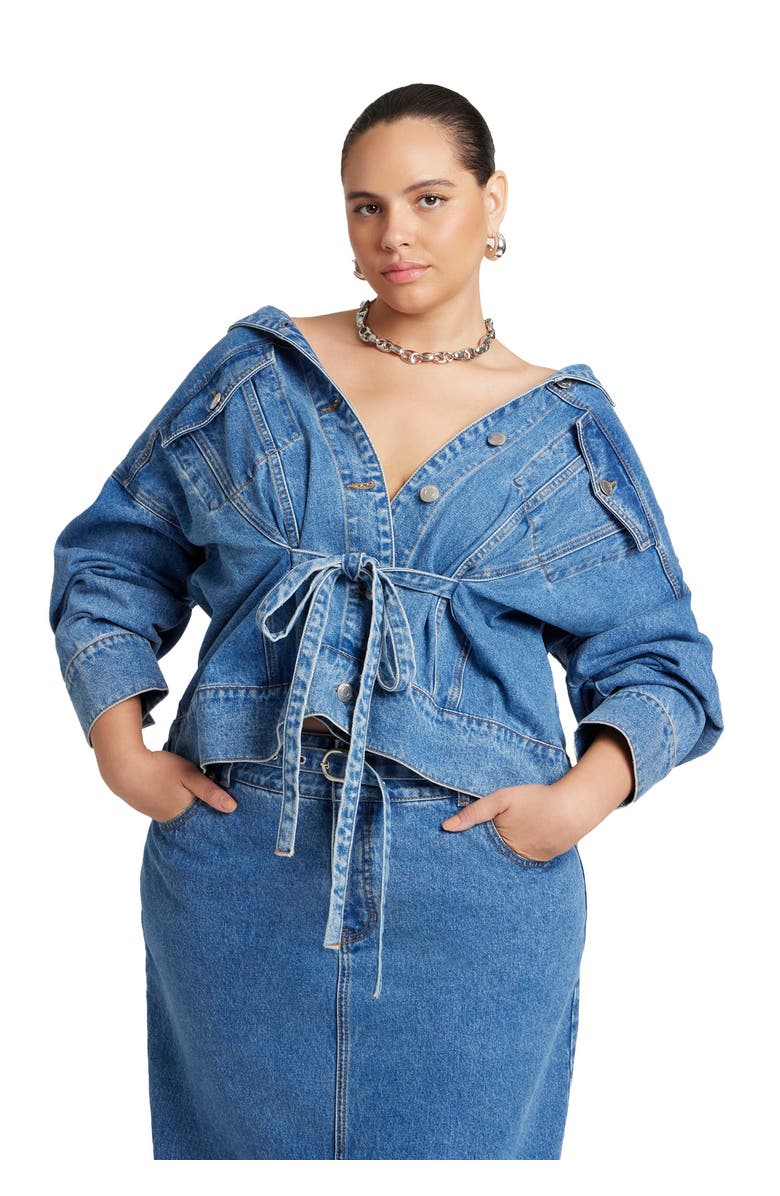 ELOQUII Denim Jacket With Cinched Waist, Main, color, Medium Wash