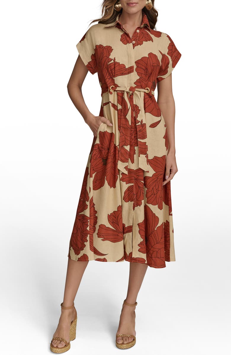 Donna Karan New York Drawstring Waist Linen Blend Shirtdress, Main, color, Cinnamon Multi
