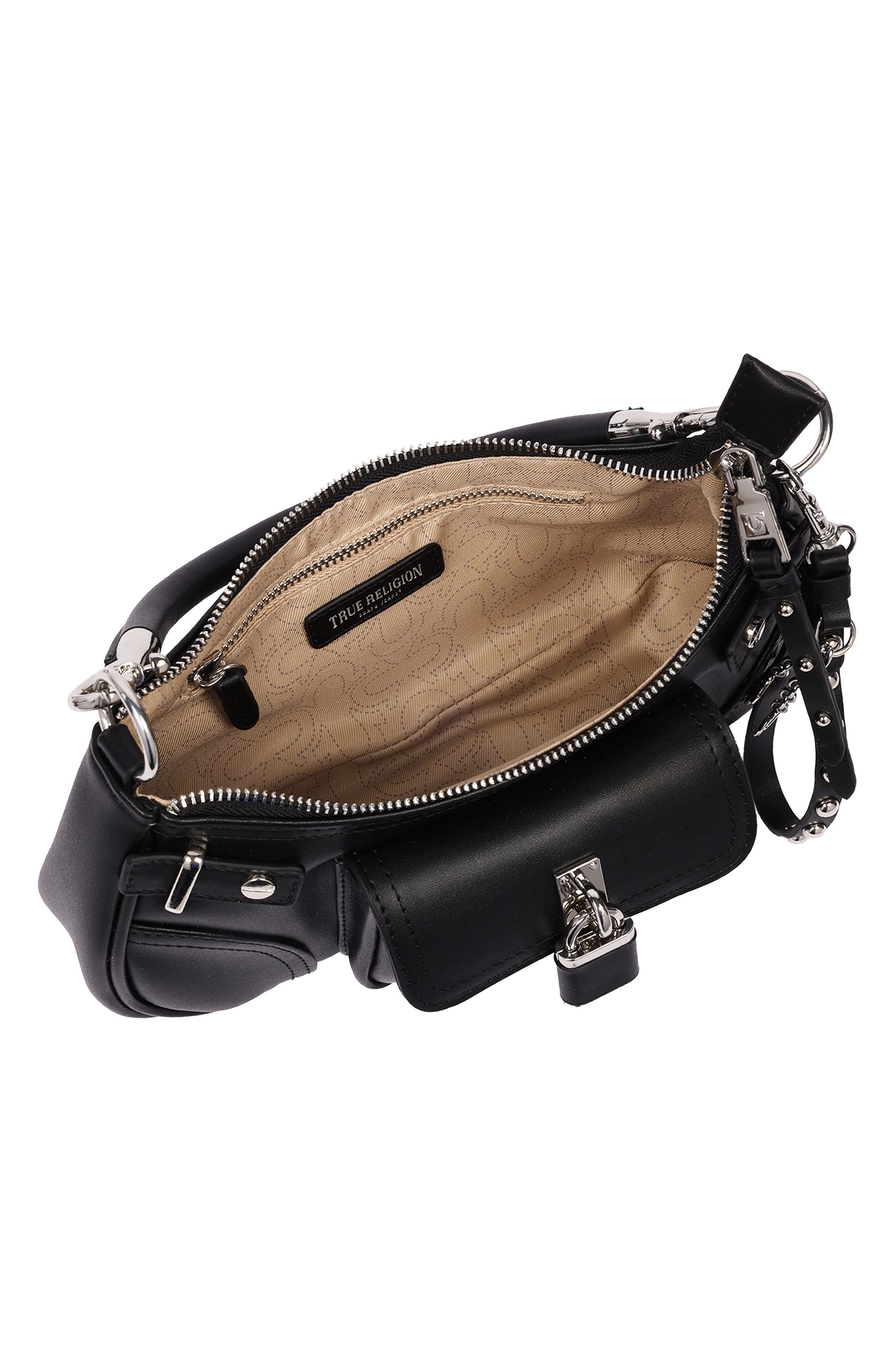 Moto Faux Leather Shoulder Bag, Alternate, color, BLACK
