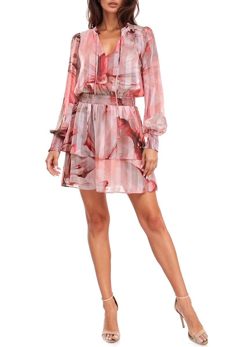 Socialite Print Metallic Tiered Long Sleeve Minidress, Main, color, Peach/ Brown