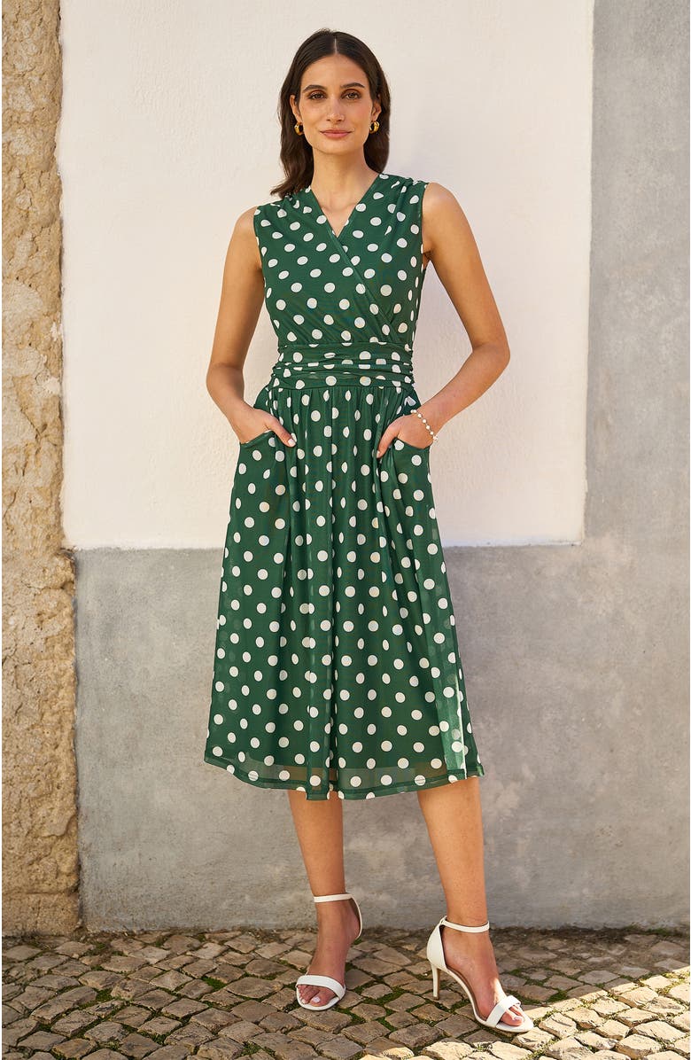 Yumi Polka Dot Mesh Wrap Skater Dress, Alternate, color, Green