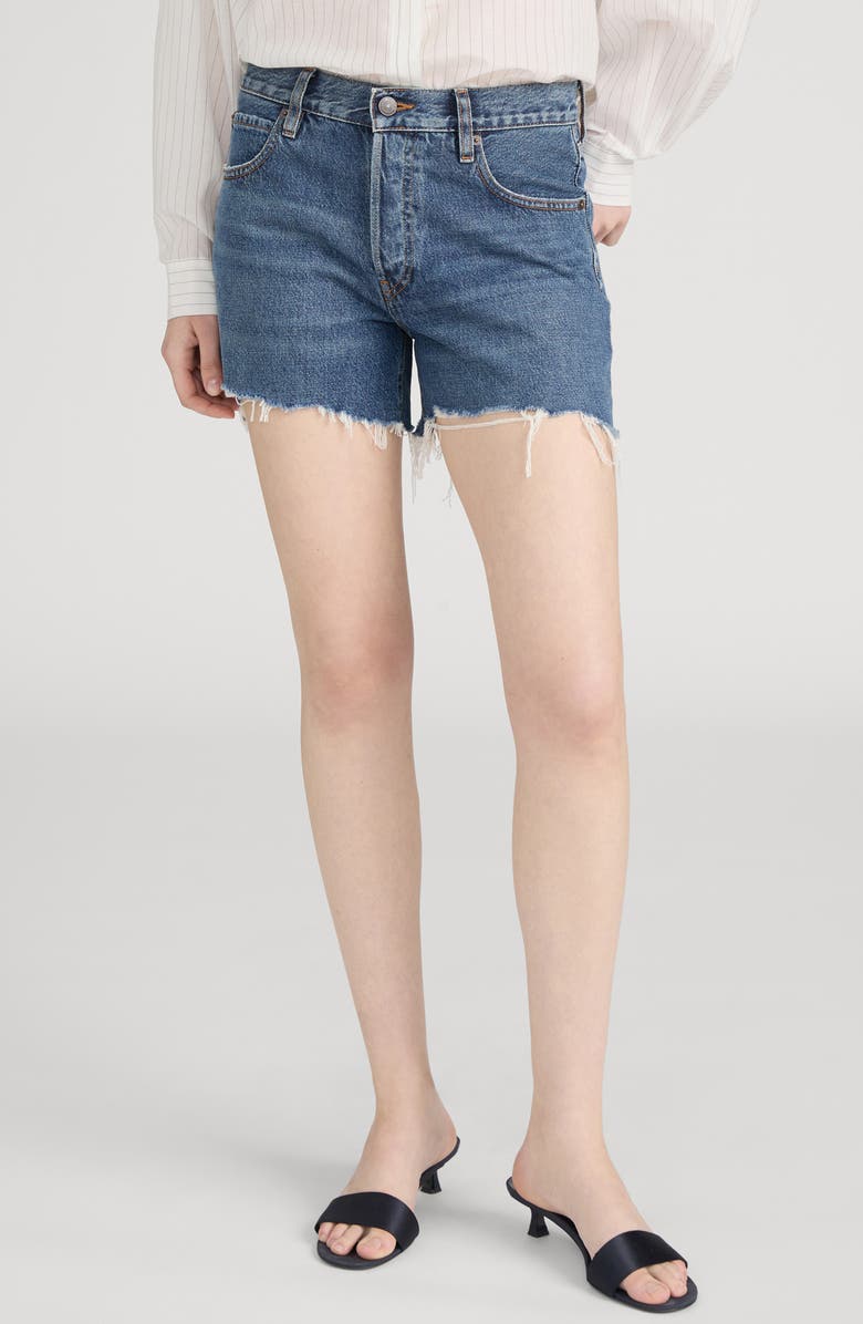 FRAME The Hang Mid Thigh Denim Cutoff Shorts, Main, color, Goose