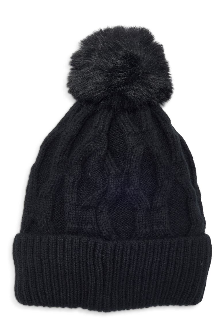 Faux Pearl Embellished Pom Beanie, Main, color, BLACK