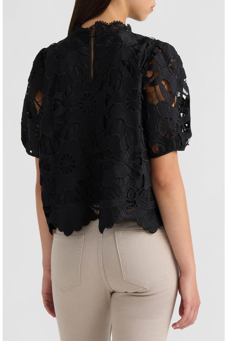 Sequined Lace Top with Puffed Sleeves, Alternate, color, BLACK