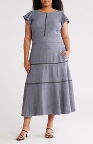 Calvin Klein Crosshatch Cap Sleeve A-Line Midi Dress